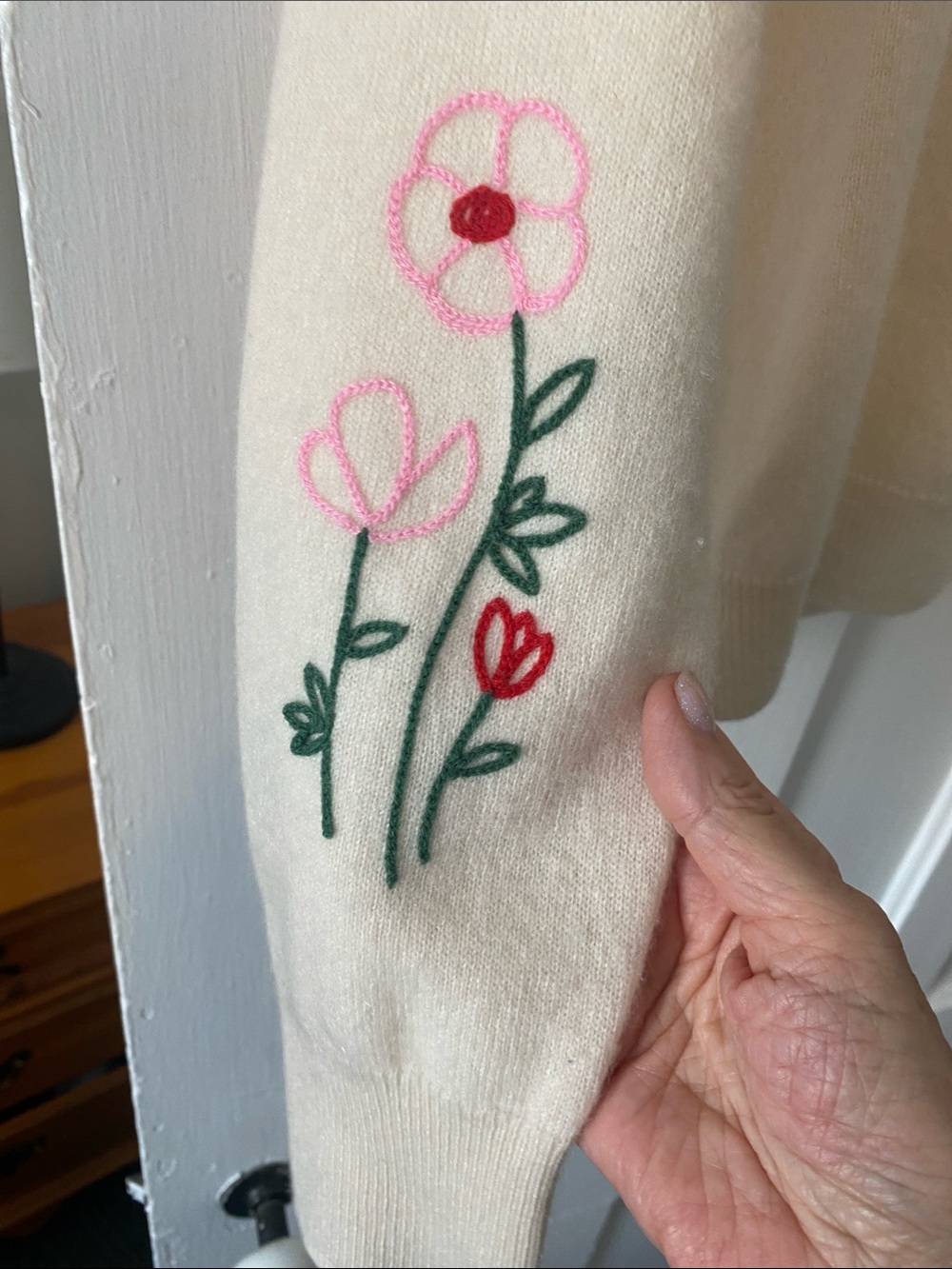Cynthia Rowley Cream Cashmere Sweater with Pink & Green Floral Embroidery - Picture 2 of 9